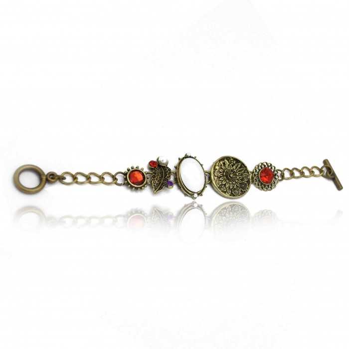 Bracelet "Floraison" en métal doré vieilli, résine et strass