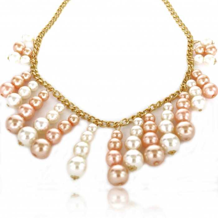 Collier fantaisie "Pearl Cascada" en métal doré et perles de synthèse