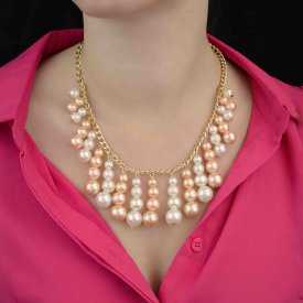 Collier fantaisie "Pearl Cascada" en métal doré et perles de synthèse