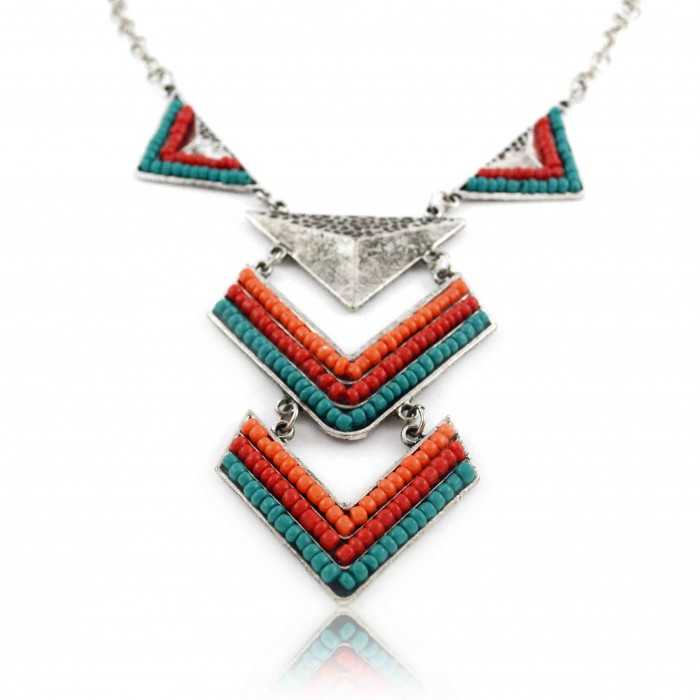 Collier "Quetzalcoatl" en métal argenté et perles de rocaille