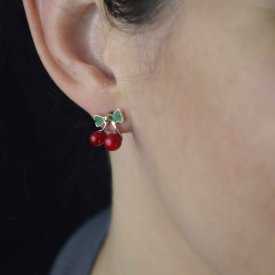 Boucles d'oreilles "Cherry Mini" en métal doré, résine, émail et strass