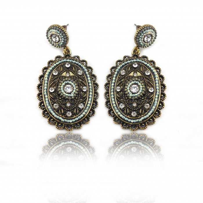 Boucles d'oreilles "Tribal Style - Shine" en métal doré vieilli, strass et mini perles