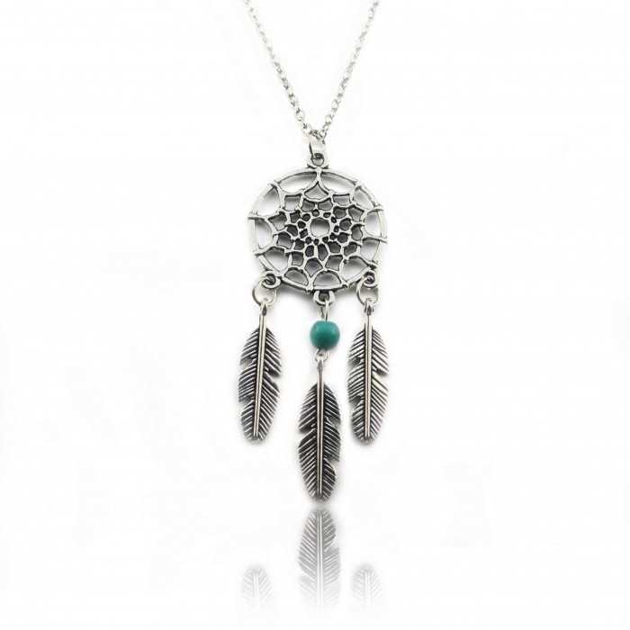 Collier "Tribal Style - Samai" en métal argenté et pele de turquoise