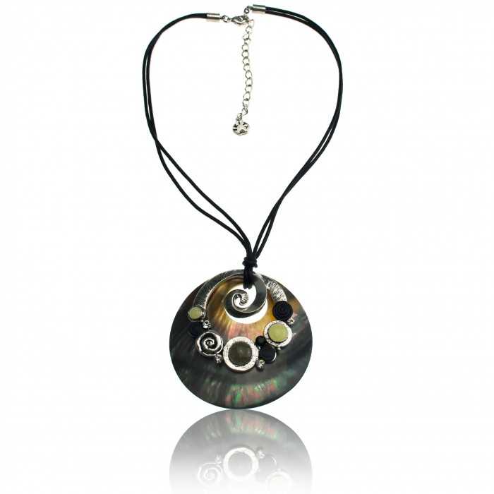 Collier "Ikita - Spirale nacré" en métal argent, nacre et émail, sur cordons