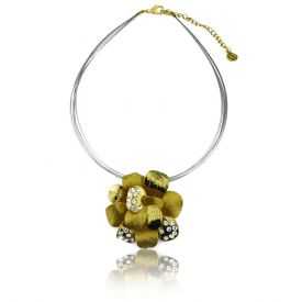 Collier fantaisie "Ikita - Golden Rose" en métal doré et strass, sur câbles