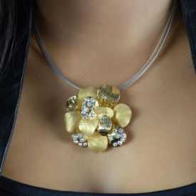 Collier fantaisie "Ikita - Golden Rose" en métal doré et strass, sur câbles