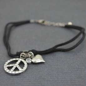 Bracelet de cheville "Peace et cetera" en métal argenté, strass et cordon | Les Bijoux de Camille, bijoux fantaisie pas cher